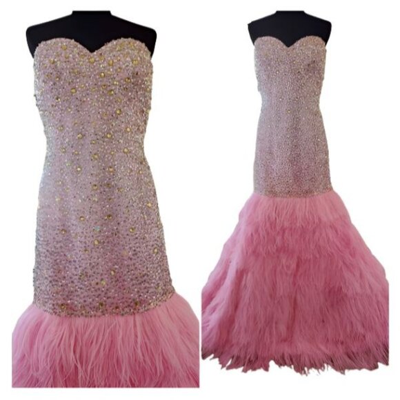 Evening Wedding Cocktail Runway Beaded Crystals Ostrich Feathers Couture Dress - Picture 5 of 16